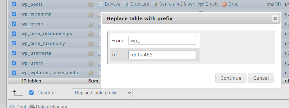 Replacing table prefix