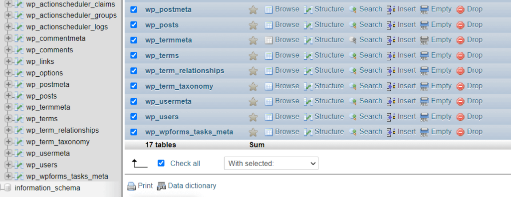 Selecting all tables to change prefix