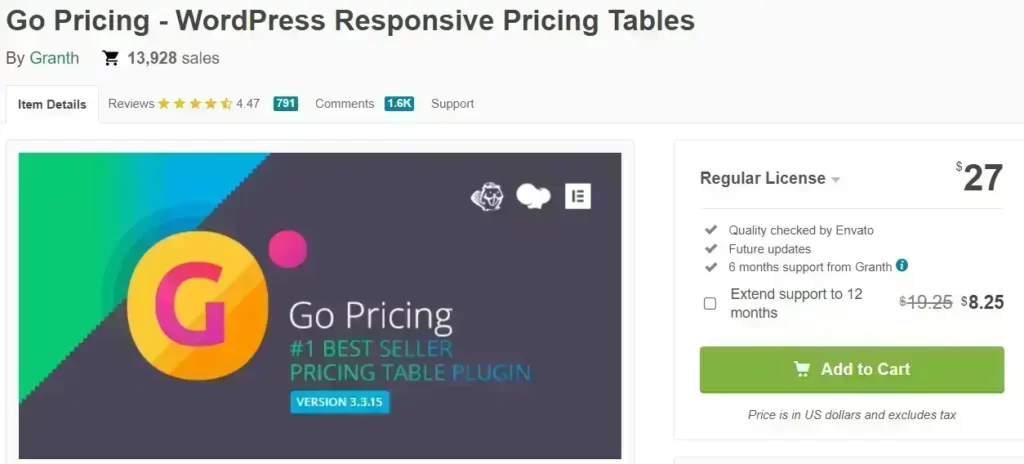 Go Pricing Plugin Price codecanyon page