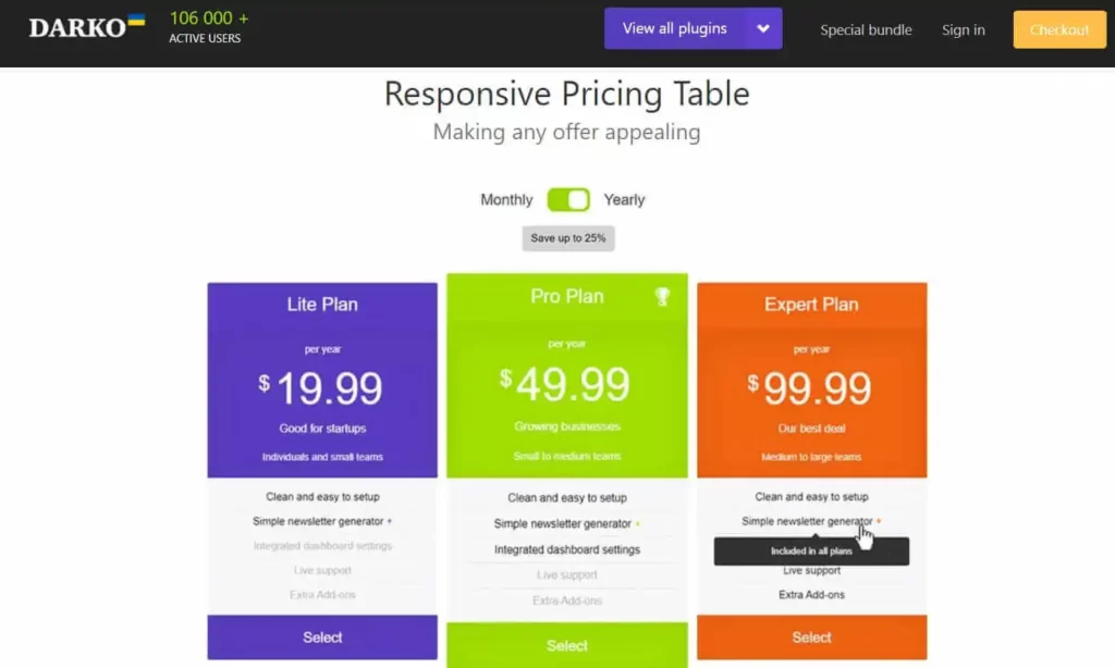 Responsive Pricing Table Plugin WP Darko Page