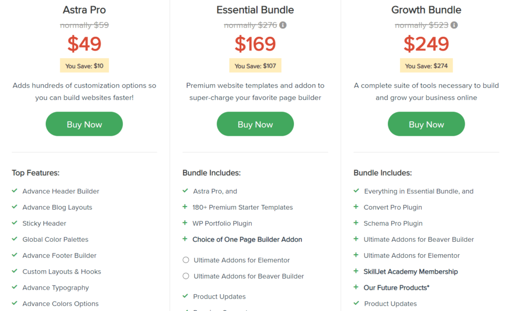 Astra Theme Pricing Table