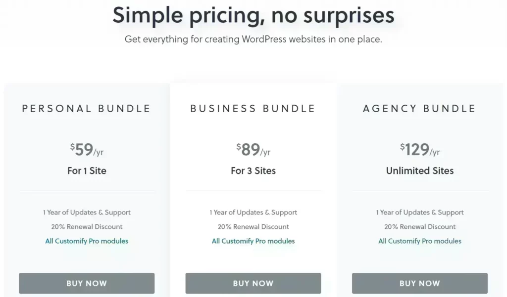 Customify Theme Pricing Table