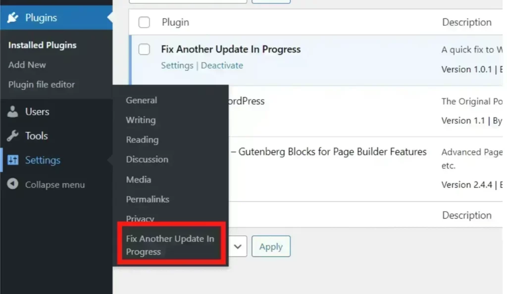 Going in Fix Another Update in Progress Plugin